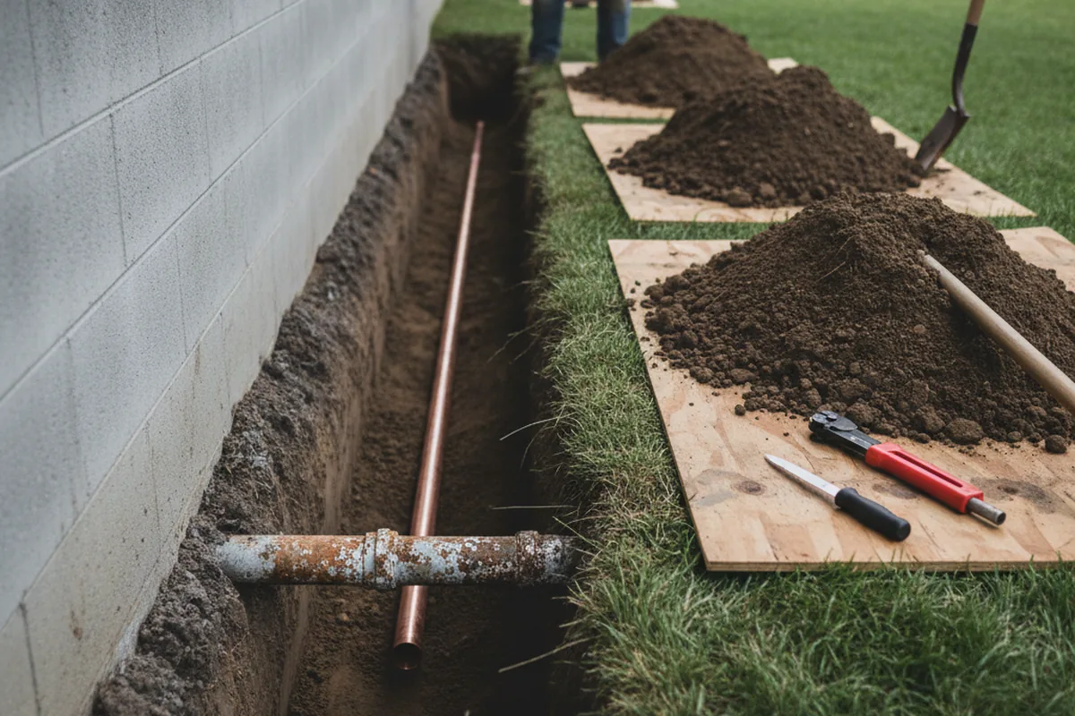 Excavated water line trench during Water Softener Installation in Greenwell Springs